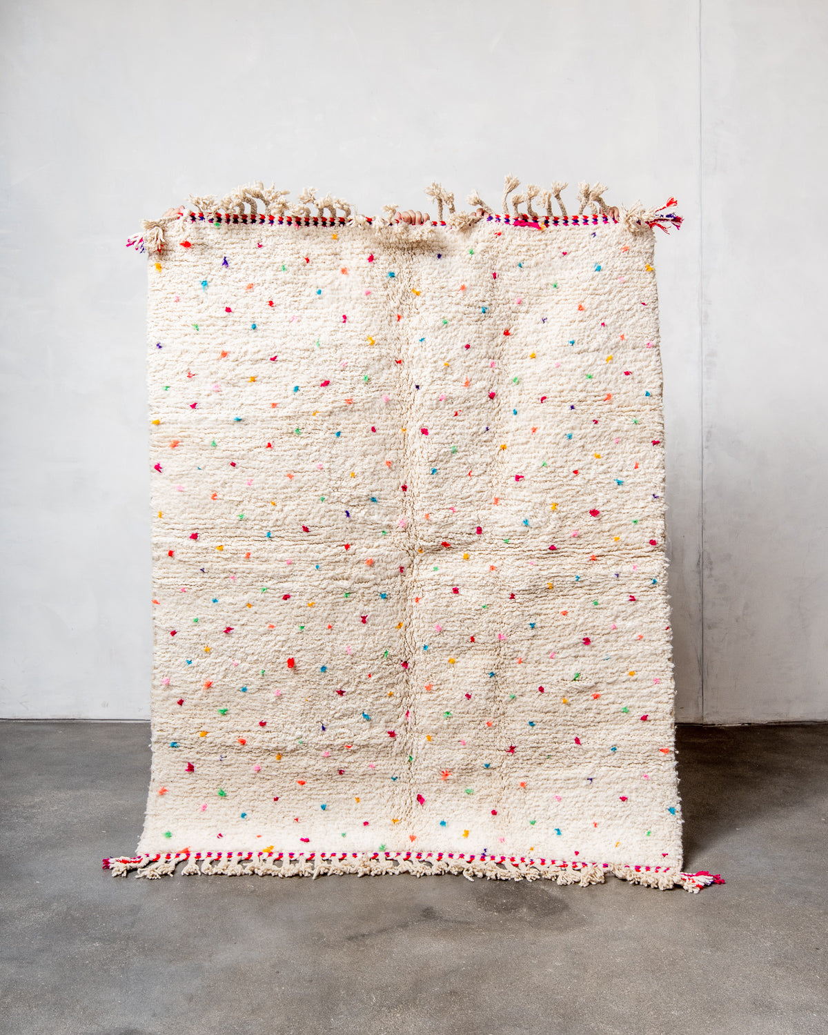 Modern, designer, handcrafted Berber rug from Morocco. Beniourain carpet with beautiful colours and patterns and fluffy wool texture.